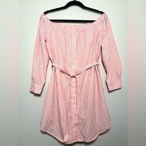Cotton On off shoulder Mini Shirt Dress Pink White‎ Stripe Button Front Size L